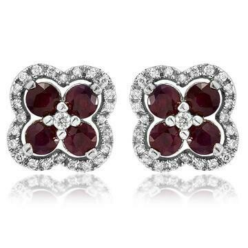 Clover Ruby Stud Earrings with Diamond Frame 14KT Gold Clover Ruby Stud Earrings with Diamond Frame 14KT Gold