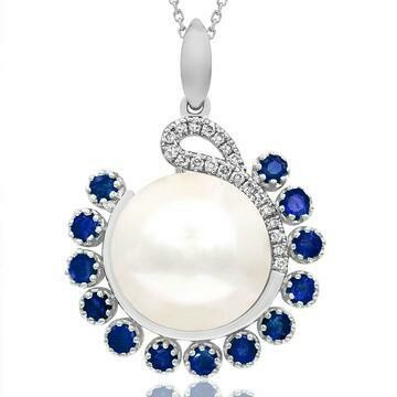 Pearl Pendant with Diamond and Sapphire Accent 14KT Gold