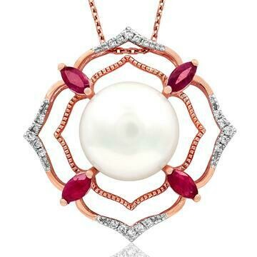 Pearl Pendant with Diamond and Ruby Accent 14KT Gold Pearl Pendant with Diamond and Ruby Accent 14KT Gold