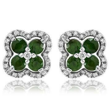 Clover Emerald Stud Earrings with Diamond Frame 14KT Gold