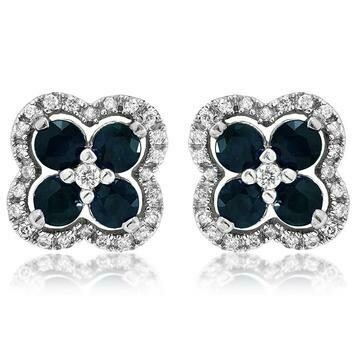 Clover Blue Sapphire Stud Earrings with Diamond Frame 14KT Gold Clover Blue Sapphire Stud Earrings with Diamond Frame 14KT Gold