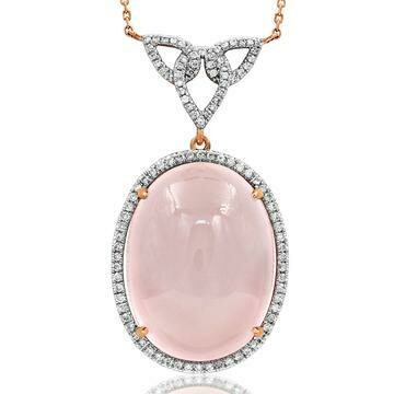 Premium Oval Pink Quartz Pendant with Diamond Halo 14KT Rose Gold