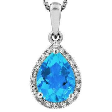 Pear Blue Topaz Teardrop Pendant with Diamond Halo 14KT Gold Pear Blue Topaz Teardrop Pendant with Diamond Halo 14KT Gold