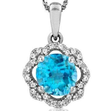 Floral Blue Topaz Pendant with Diamond Frame 14KT Gold