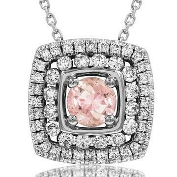 Cushion Morganite Pendant with Double Diamond Frame 14KT Gold Cushion Morganite Pendant with Double Diamond Frame 14KT Gold