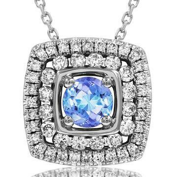Cushion Tanzanite Pendant with Double Diamond Frame 14KT Gold Cushion Tanzanite Pendant with Double Diamond Frame 14KT Gold