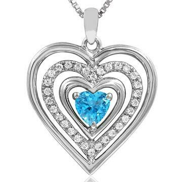 Triple Heart Blue Topaz Pendant with Diamond Accent 14KT White Gold