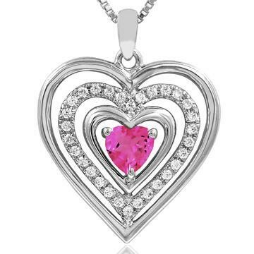 Triple Heart Pink Topaz Pendant with Diamond Accent 14KT White Gold