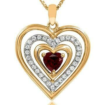 Triple Heart Garnet Pendant with Diamond Accent 14KT Yellow Gold