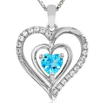 Double Heart Blue Topaz Pendant with Diamond Accent 14KT White Gold