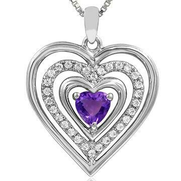 Triple Heart Amethyst Pendant with Diamond Accent 14KT White Gold