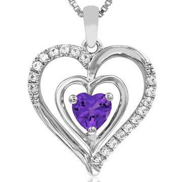 Double Heart Amethyst Pendant with Diamond Accent 14KT White Gold