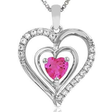 Double Heart Pink Topaz Pendant with Diamond Accent 14KT White Gold
