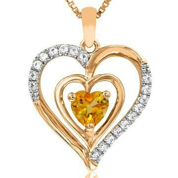 Double Heart Citrine Pendant with Diamond Accent 14KT Yellow Gold