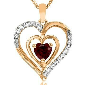 Double Heart Garnet Pendant with Diamond Accent 14KT Yellow Gold