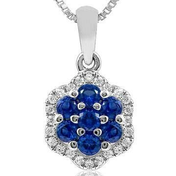 Floral Blue Sapphire Cluster Pendant with Diamond Frame 14KT Gold Floral Blue Sapphire Cluster Pendant with Diamond Frame 14KT Gold