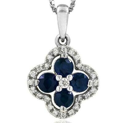 Clover Blue Sapphire Pendant with Diamond Frame 14KT Gold Clover Blue Sapphire Pendant with Diamond Frame 14KT Gold