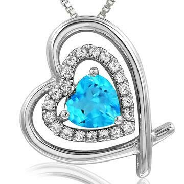 Tilted Double Heart Color Blue Topaz Pendant with Diamond Accent 14KT White Gold