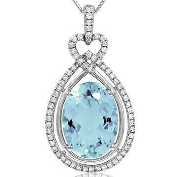 Premium Oval Teardrop Aquamarine Pendant with Diamond Frame 14KT White Gold