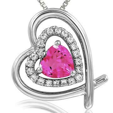 Tilted Double Heart Color Pink Topaz Pendant with Diamond Accent 14KT White Gold