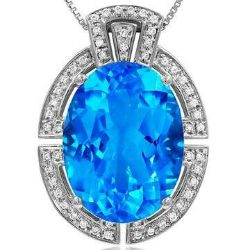 Premium Oval Blue Topaz Pendant with Diamond Frame 14KT Gold