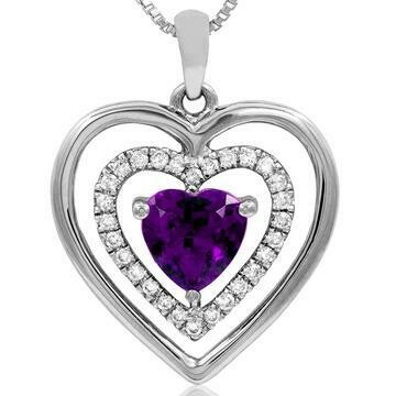 Double Heart Amethyst Pendant with Diamond Accent 14KT White Gold