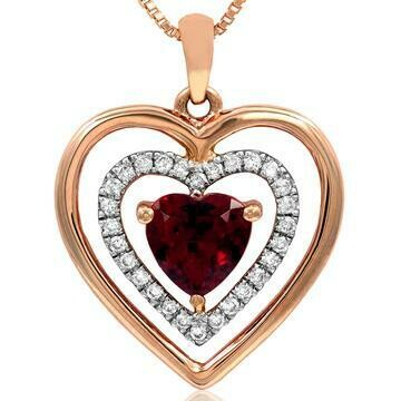 Double Heart Garnet Pendant with Diamond Accent 14KT Gold