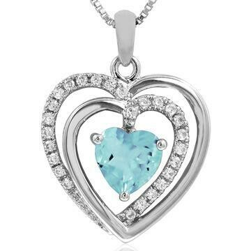 Double Heart Aquamarine Pendant with Diamond Accent 14KT Gold Double Heart Aquamarine Pendant with Diamond Accent 14KT Gold