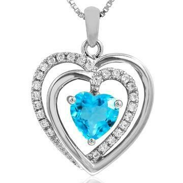 Double Heart Blue Topaz Pendant with Diamond Accent 14KT Gold