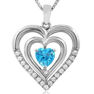 Double Heart Blue Topaz Pendant with Diamond Accent 14KT Gold