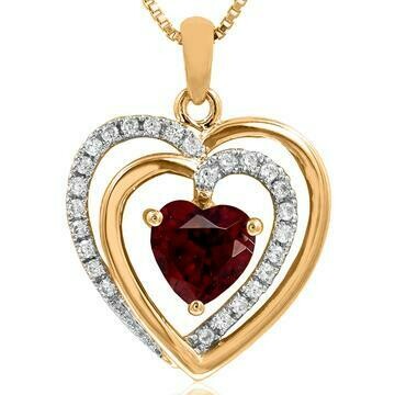 Double Heart Garnet Pendant with Diamond Accent 14KT Gold