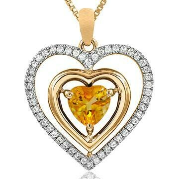 Double Heart Citrine Pendant with Diamond Frame 14KT Gold