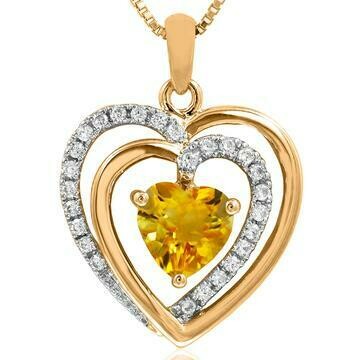 Double Heart Citrine Pendant with Diamond Accent 14KT Gold