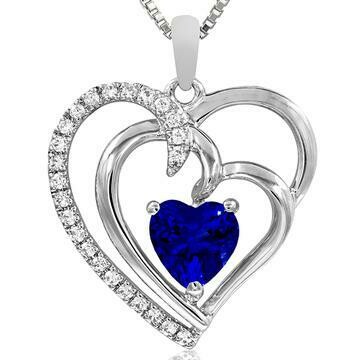 Double Heart Blue Sapphire Pendant with Diamond Accent 14KT Gold