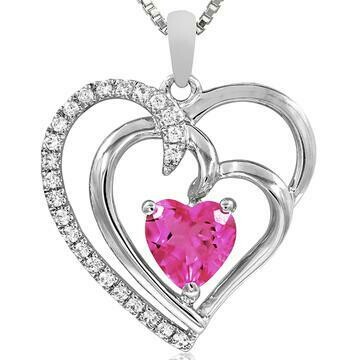 Double Heart Pink Topaz Pendant with Diamond Accent 14KT Gold