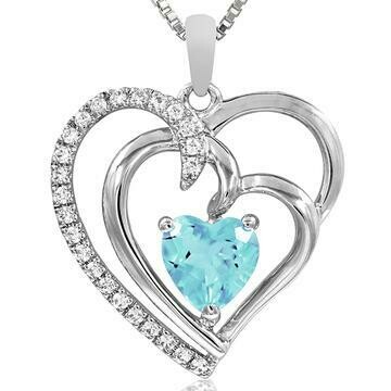 Double Heart Aquamarine Pendant with Diamond Accent 14KT Gold