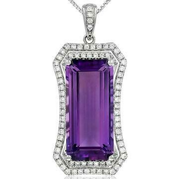 Premium Baguette Cut Amethyst Pendant with Diamond Frame White Gold