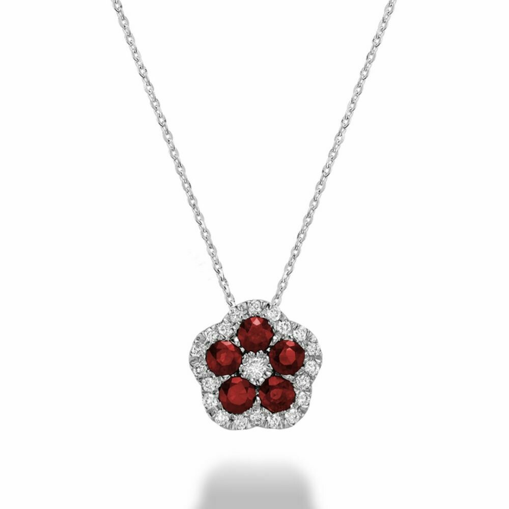 Hollow Flower Ruby &amp; Diamond Pendant 0.17CTDI White Gold