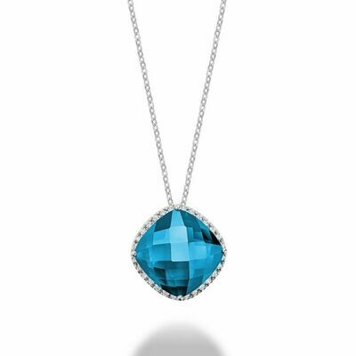 Cushion Cut Blue Topaz &amp; Diamond Halo Pendant 0.20CTDI White Gold