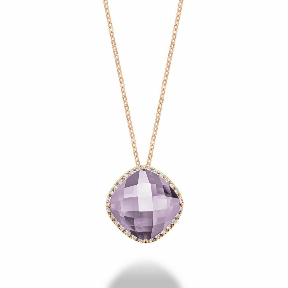 Cushion Cut Pink Amethyst &amp; Diamond Halo Pendant 0.20CTDI Rose Gold