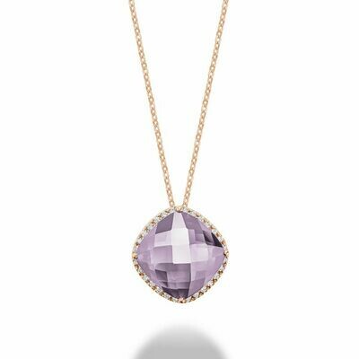Cushion Cut Pink Amethyst &amp; Diamond Halo Pendant 0.20CTDI Rose Gold