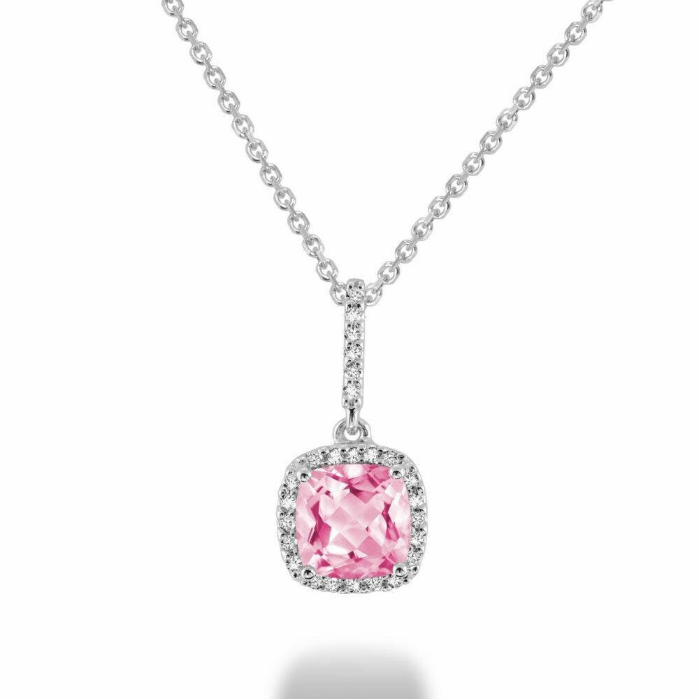 Cushion Cut Amethyst &amp; Diamond Halo Pendant 0.10CTDI White Gold