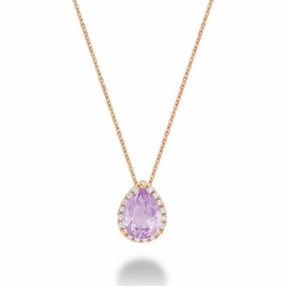 Teardrop Pink Amethyst &amp; Diamond Pendant 0.07CTDI Rose Gold