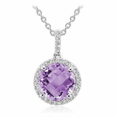 Round Amethyst &amp; Diamond Halo Pendant 0.12CTDI White Gold