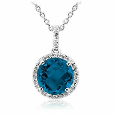 Round London Blue Topaz &amp; Diamond Halo Pendant 0.12CTDI White Gold