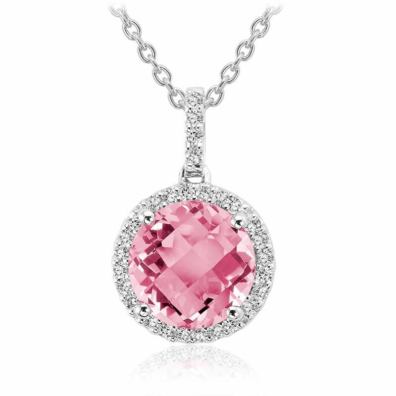 Round Pink Quartz &amp; Diamond Halo Pendant 0.12CTDI White Gold