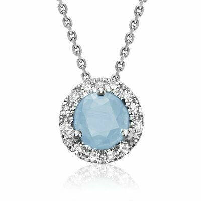 Aquamarine &amp; Diamond Halo Pendant 0.08CTDI White Gold