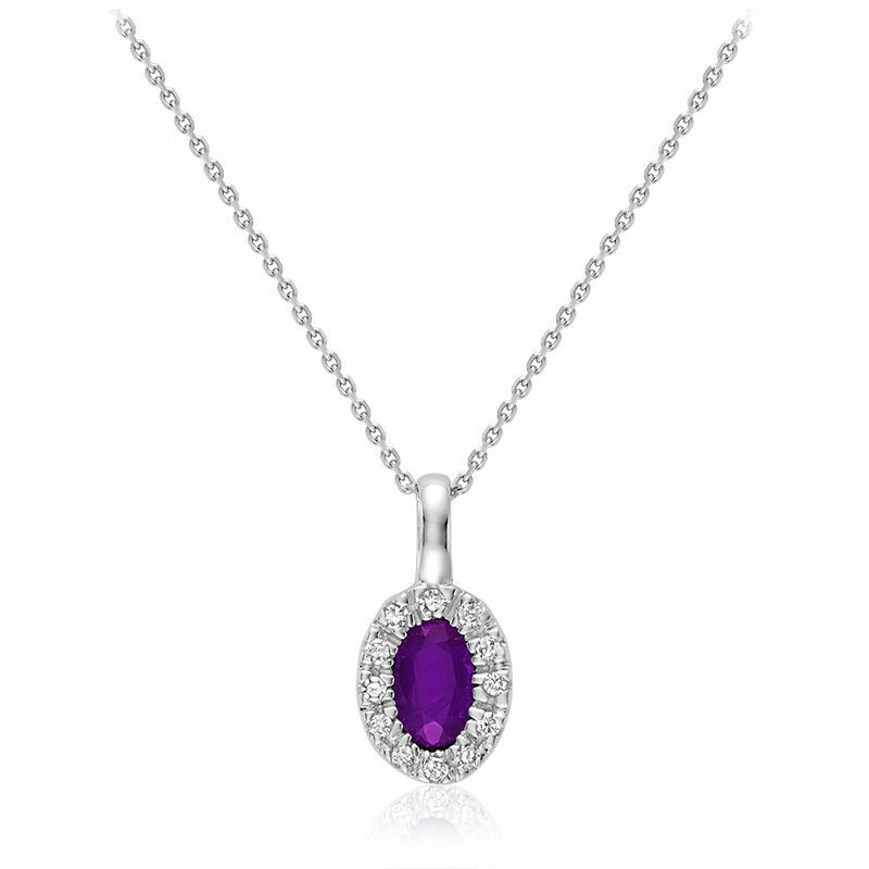 Oval Amethyst &amp; Diamond Halo Pendant 0.04CTDI White Gold