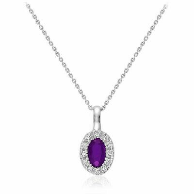 Oval Amethyst &amp; Diamond Halo Pendant 0.04CTDI White Gold