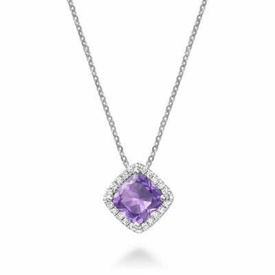 Cushion Cut Amethyst &amp; Diamond Halo Pendant 0.09CDTI White Gold